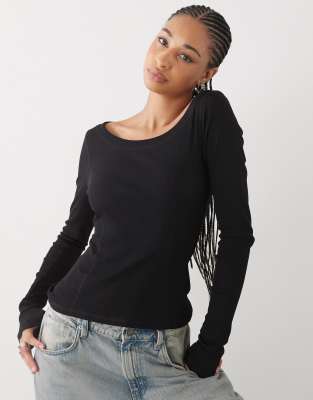 Monki Monki ribbed boatneck long sleeve top in black