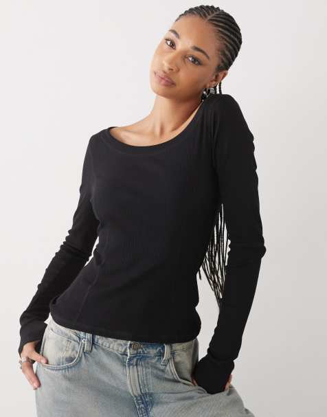 Monki ribbed boatneck long sleeve top in black - view 1