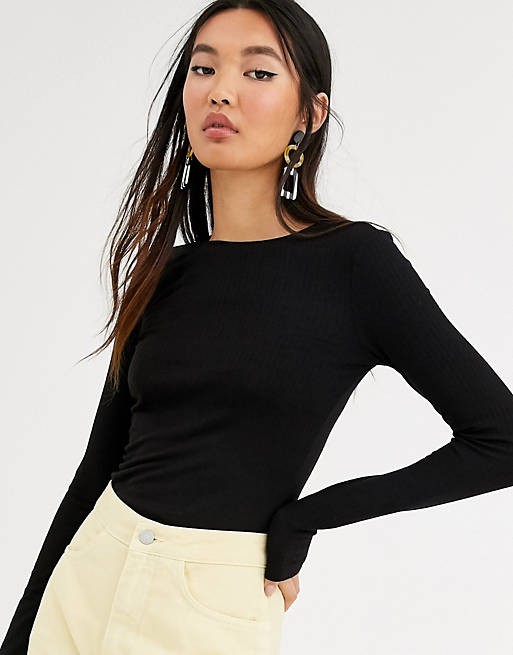 Monki ribbed crew neck top with long sleeve in black
