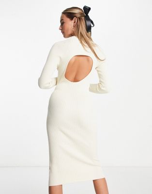 ribbed dress with cutout back in cream-Gray