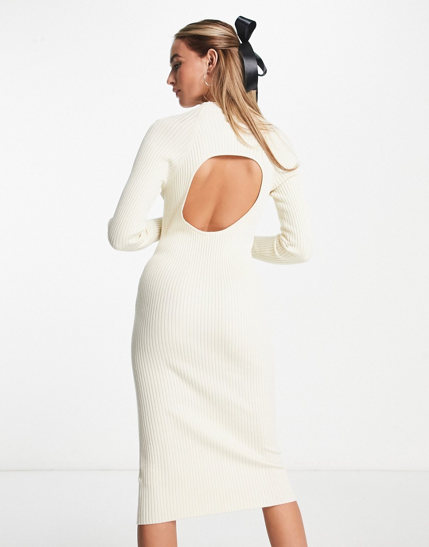 Monki ribbed dress with cutout back in cream-Grey