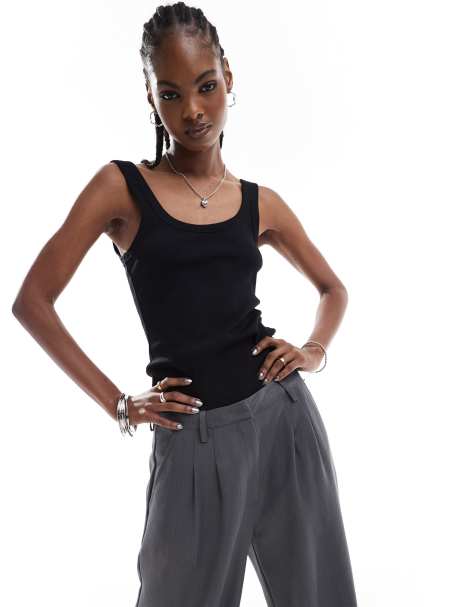 Monki ribbed fitted tank top with scoop neck in black - view 1