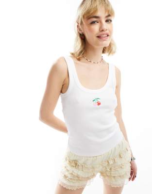 Monki ribbed fitted vest top with scoop neck in white with cherry front embroidery