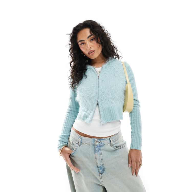 Monki ribbed fluffy knitted two way zip hooded cardigan in