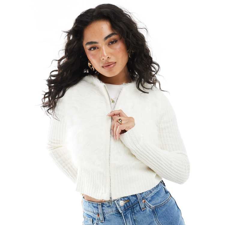 Monki ribbed fluffy knitted two way zip hooded cardigan in off