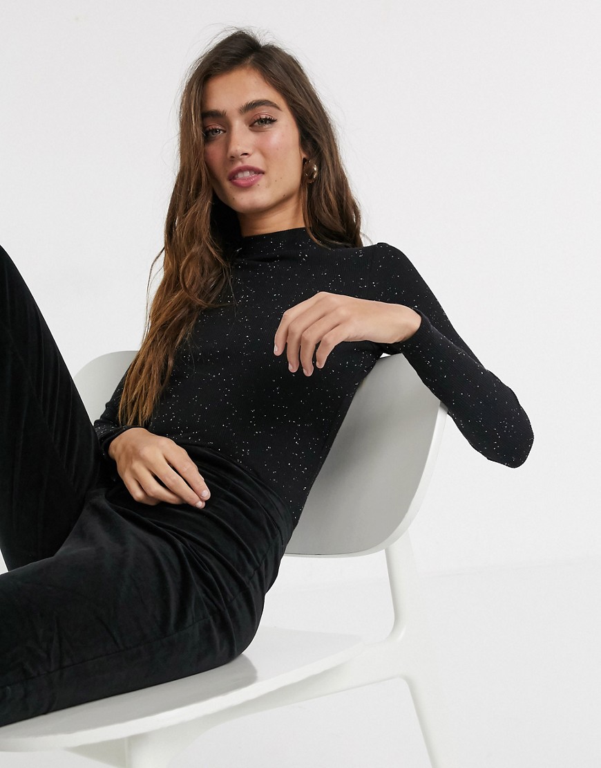 Monki ribbed high neck jersey top in black
