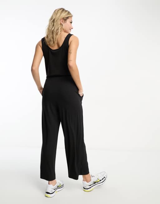 ASOS DESIGN jersey ribbed wide leg jumpsuit in black