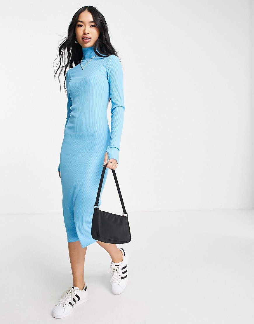 Monki ribbed jersey midi dress with thumb holes in bright blue