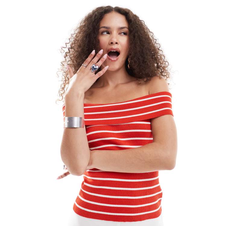 Monki ribbed knit off the shoulder bardot top in red and