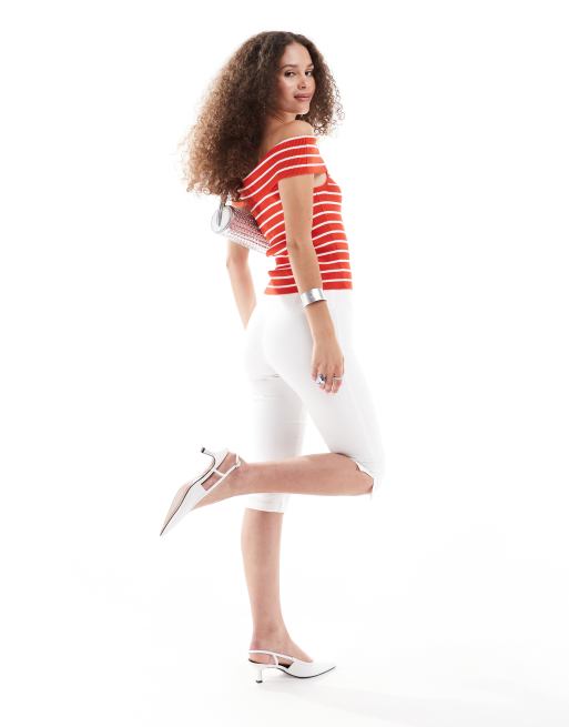 Off the shoulder red and white striped shirt best sale