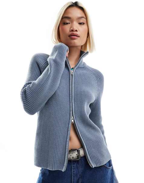 Monki ribbed knit two way zip cardigan in blue acid wash - view 1