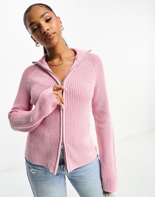 Monki ribbed knit two-way zip cardigan in pink