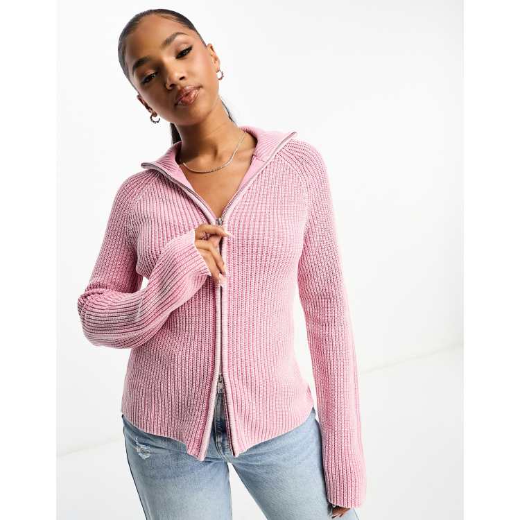 Monki ribbed knit two-way zip cardigan in pink | ASOS