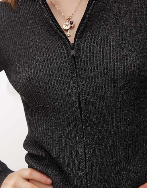 Monki ribbed knitted double zip cardigan in black acid wash , 3 of 4