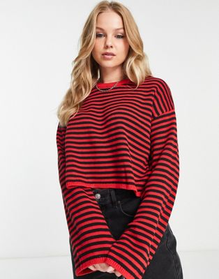 Monki ribbed knitted jumper in red and black stripe