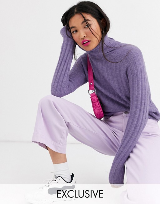 Monki ribbed knitted roll neck jumper in lilac