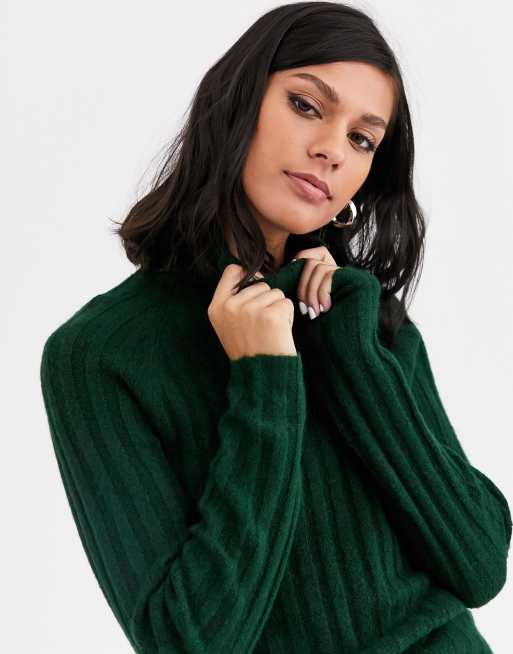 Monki ribbed knitted roll neck sweater in dark green