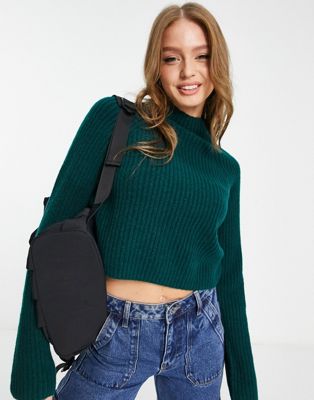 ribbed knitted sweater in forest green-White