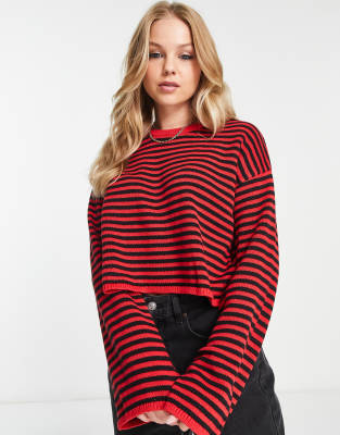 Monki ribbed knitted sweater in red and black stripe-Multi