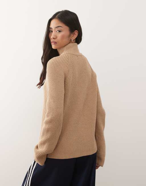 Monki ribbed knitted two way zip cardigan in beige, 4 of 4