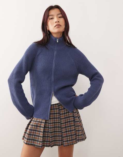 Monki ribbed knitted two way zip cardigan in blue