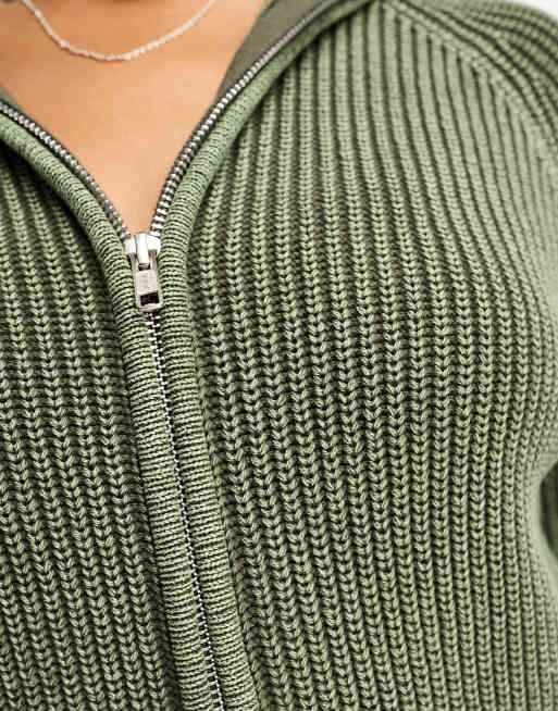 Monki ribbed knitted two way zip cardigan in dark green