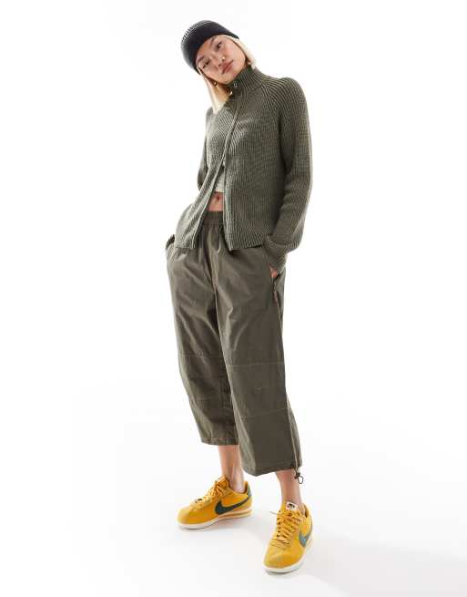 Monki ribbed knitted two way zip cardigan in dark green | ASOS