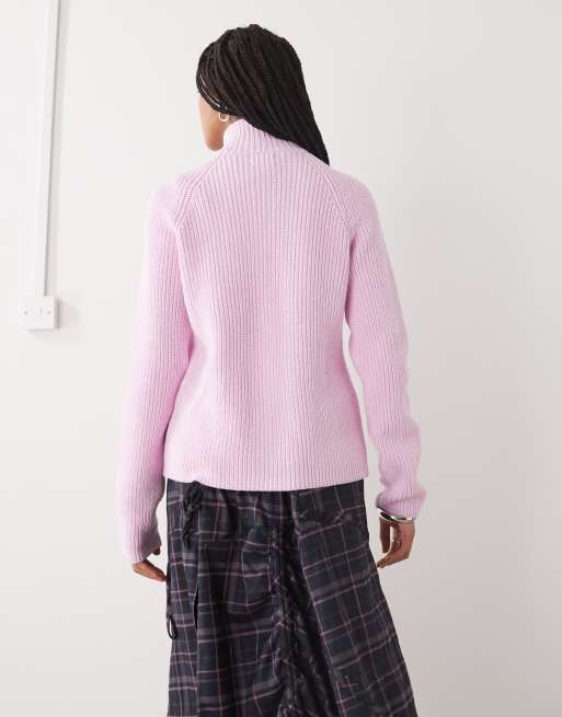 Monki ribbed knitted two way zip cardigan in dusty pink, 3 of 4