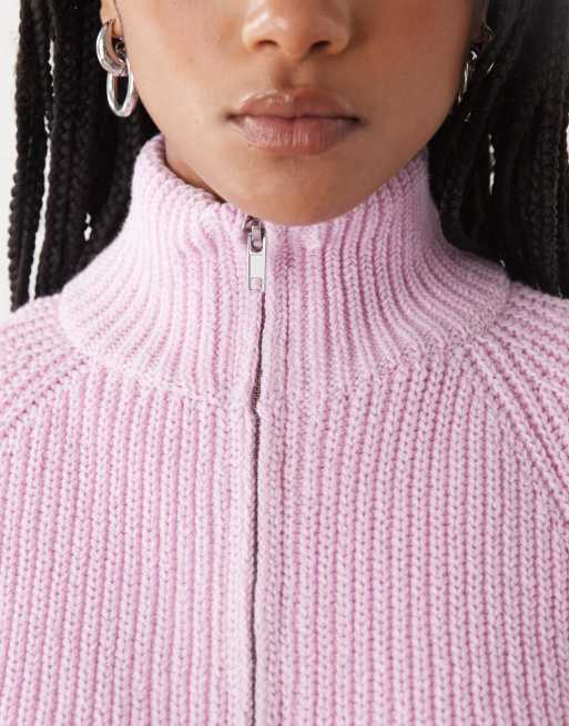 Monki ribbed knitted two way zip cardigan in dusty pink, 4 of 4