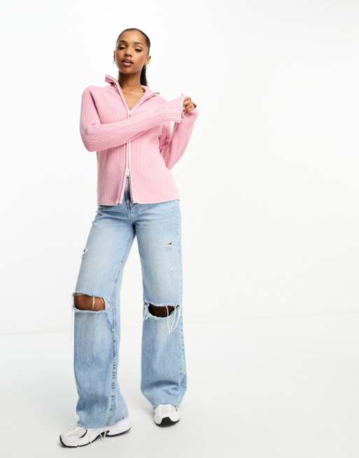 Monki ribbed knitted two way zip cardigan in pink | ASOS