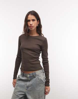 Monki Ribbed Long Sleeve Top In Brown