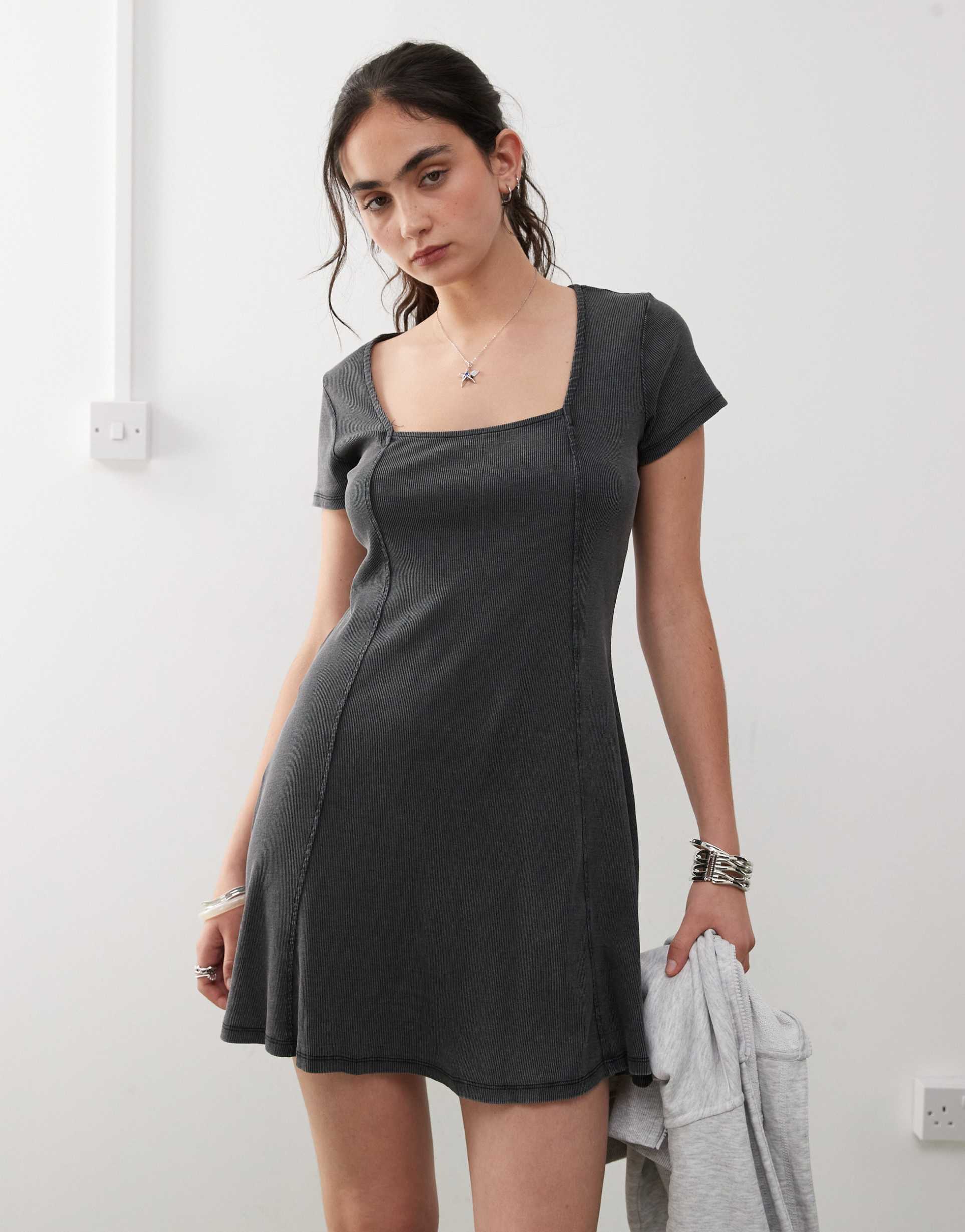 monki ribbed mini dress in black exclusive to asos