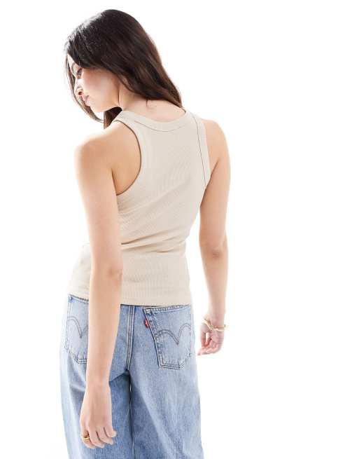 Monki ribbed racer tank top in beige
