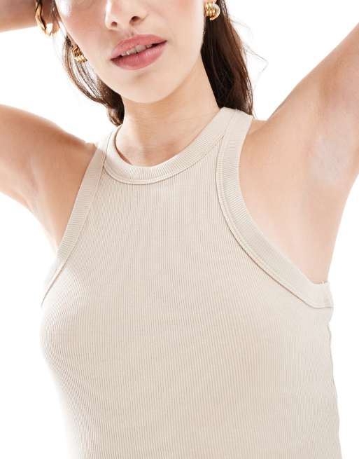 Sleeveless Tank RIBBED HIGH NECK RACER BACK crop top Vest round