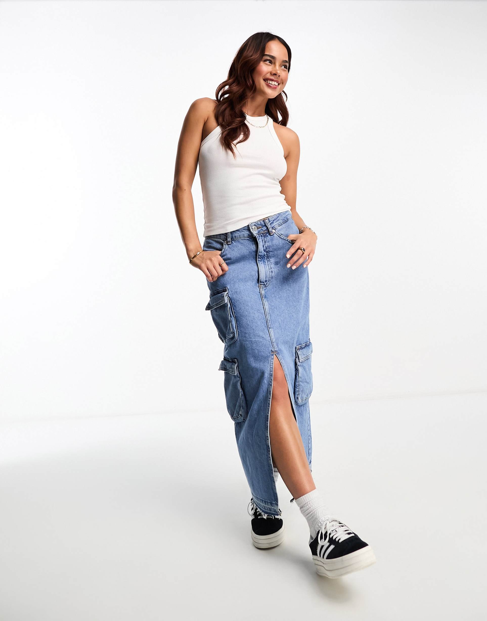monki ribbed racer tank top in white