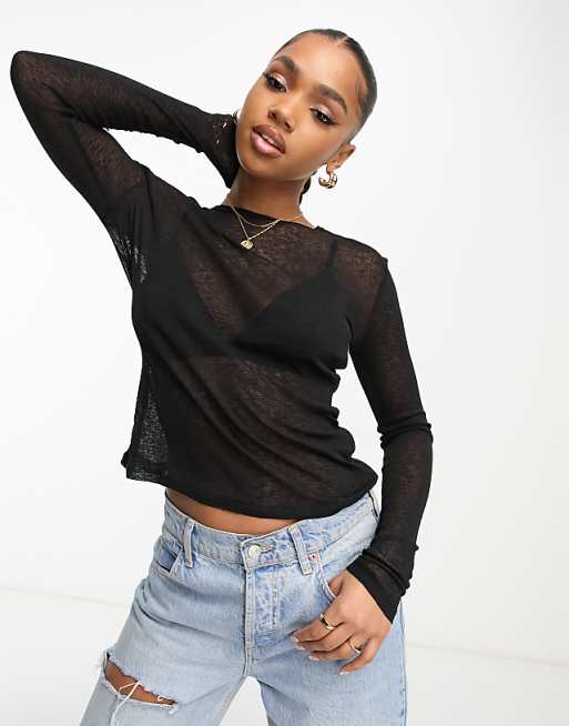 Monki ribbed semi sheer long sleeve top in black | ASOS Monki ribbed semi sheer long sleeve top in black | ASOS
