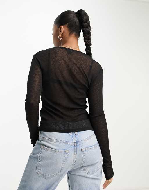 Monki ribbed semi sheer long sleeve top in black