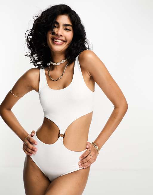 Monki ribbed side cut out swimsuit with front ring detail in white