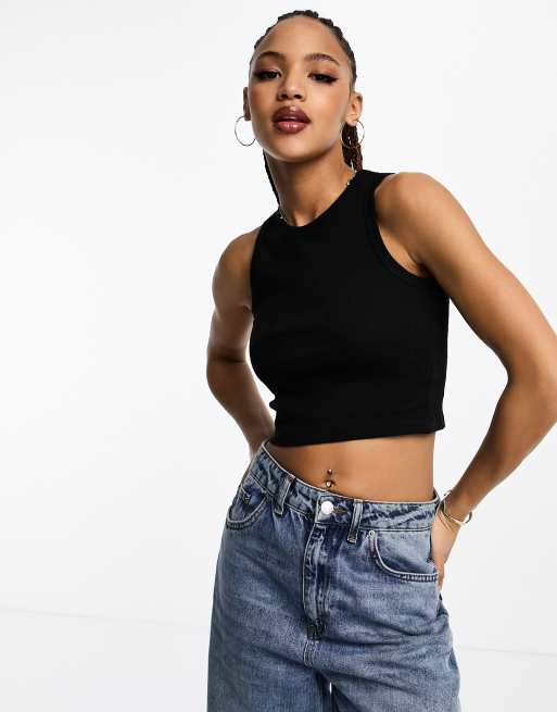 Monki ribbed singlet top in black