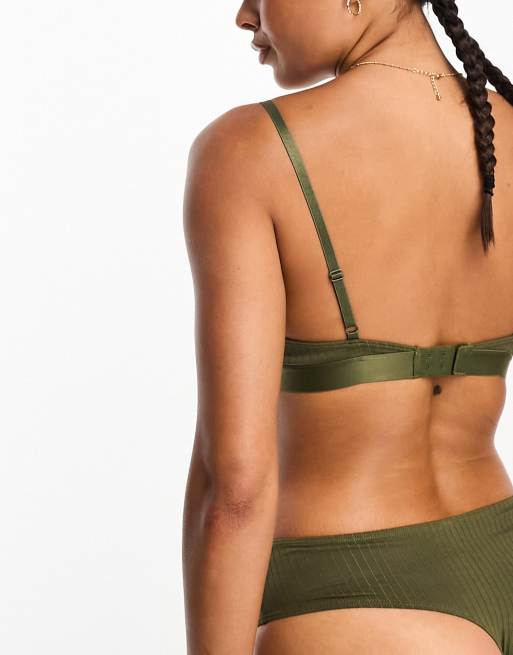 Monki ribbed triangle bra and thong in khaki green