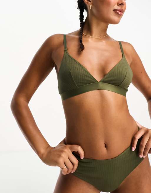 Monki ribbed triangle bralette in khaki green