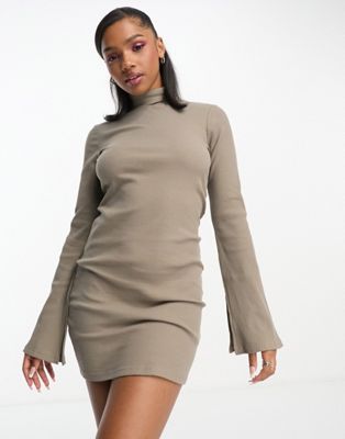 ribbed turtle neck mini dress with long split sleeves in taupe-Neutral