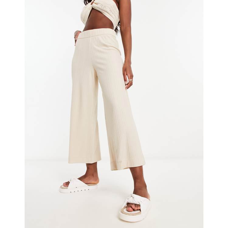 Monki ribbed wide leg cropped pants in beige