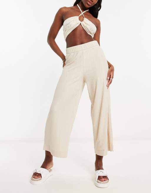 Monki ribbed wide leg cropped pants in beige