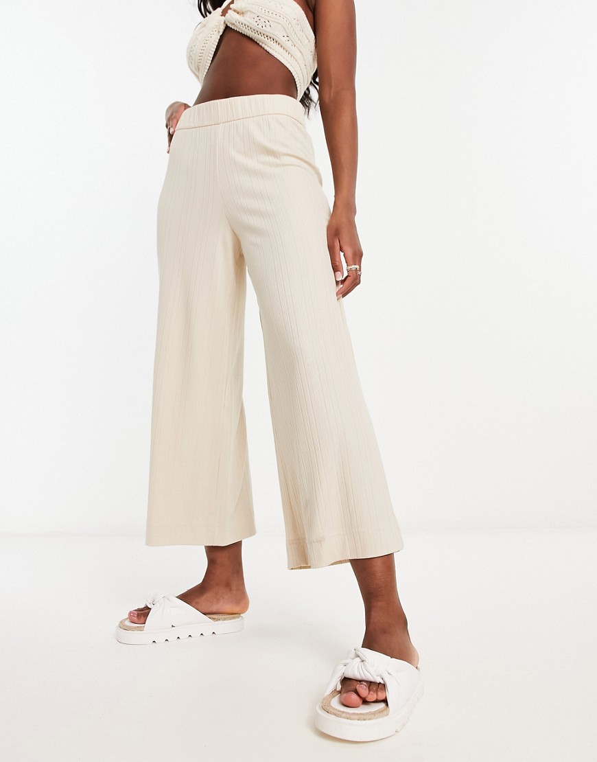 Monki ribbed wide leg cropped trousers in beige-Neutral