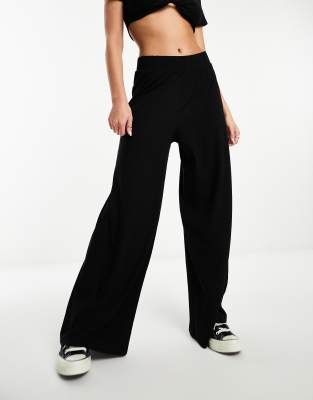 Monki ribbed wide leg trousers in black | ASOS