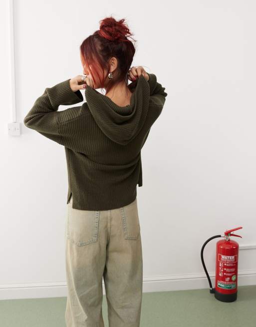 Monki - Ribgebreid hoodie vest met capuchon en rits in groen, 4 van 4