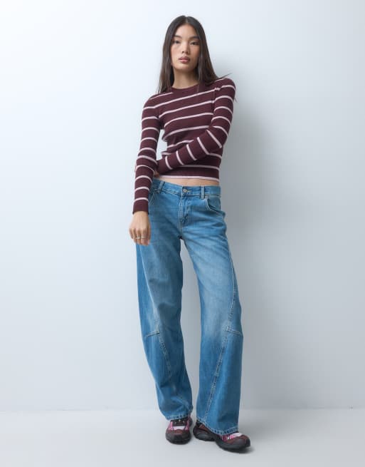 Monki ribgebreide top met lange mouwen en bordeauxrode streep, 2 van 10