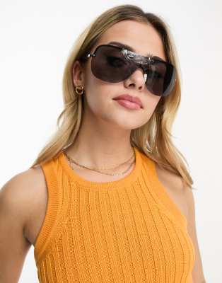 Monki Rimless Shield Sunglasses In Dark Gray