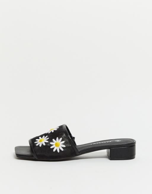 Monki Riya embroidered daisy print sandals in black ASOS